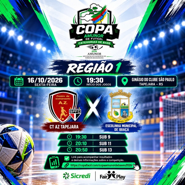 IBIAÇÁ ENFRENTA CT AZ TAPEJARA PELA COPA AMUNOR DE FUTSAL DE BASE 2026, NESTA SEXTA-FEIRA (16)